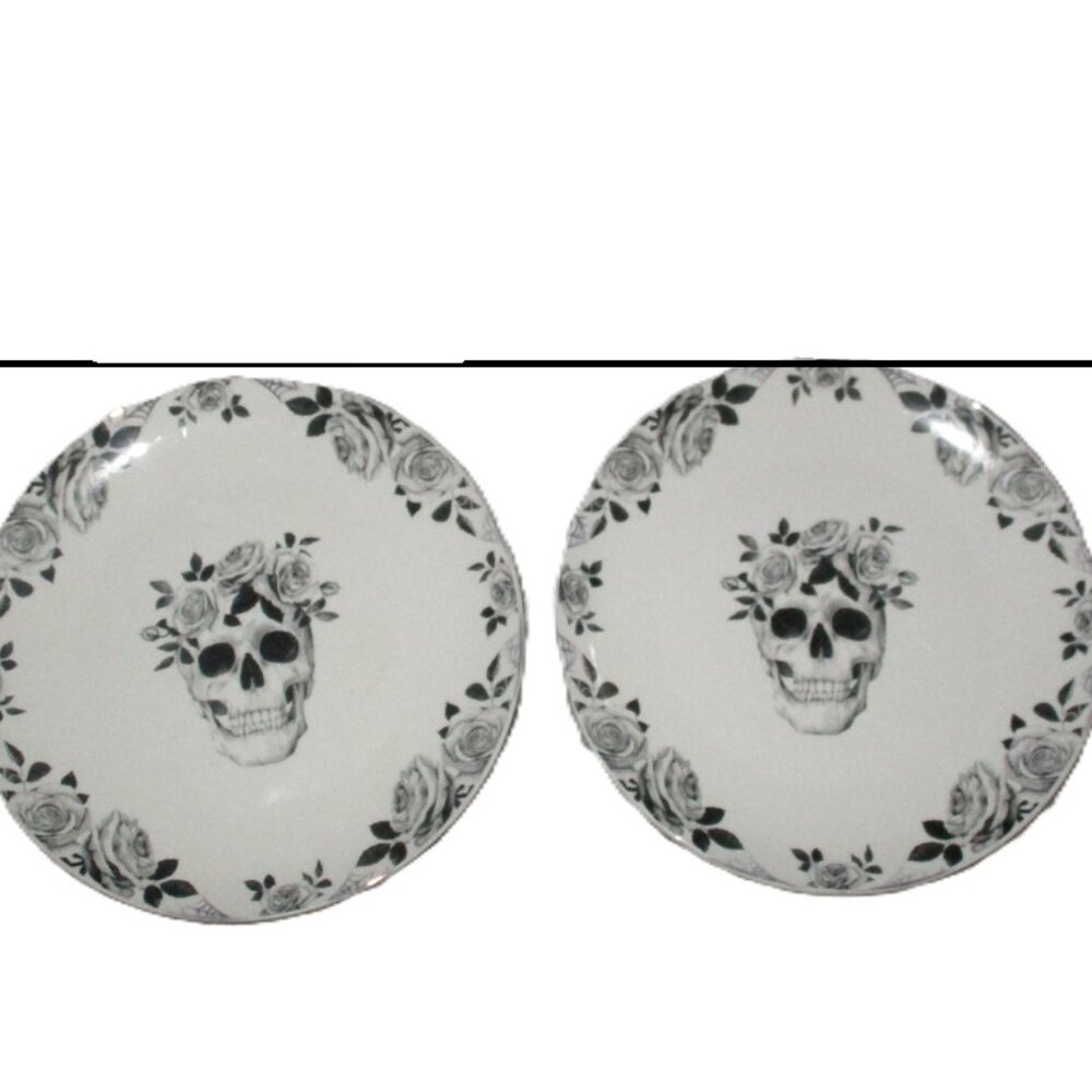 2 Eaton Halloween Skull Roses Dinner Plates Gothic